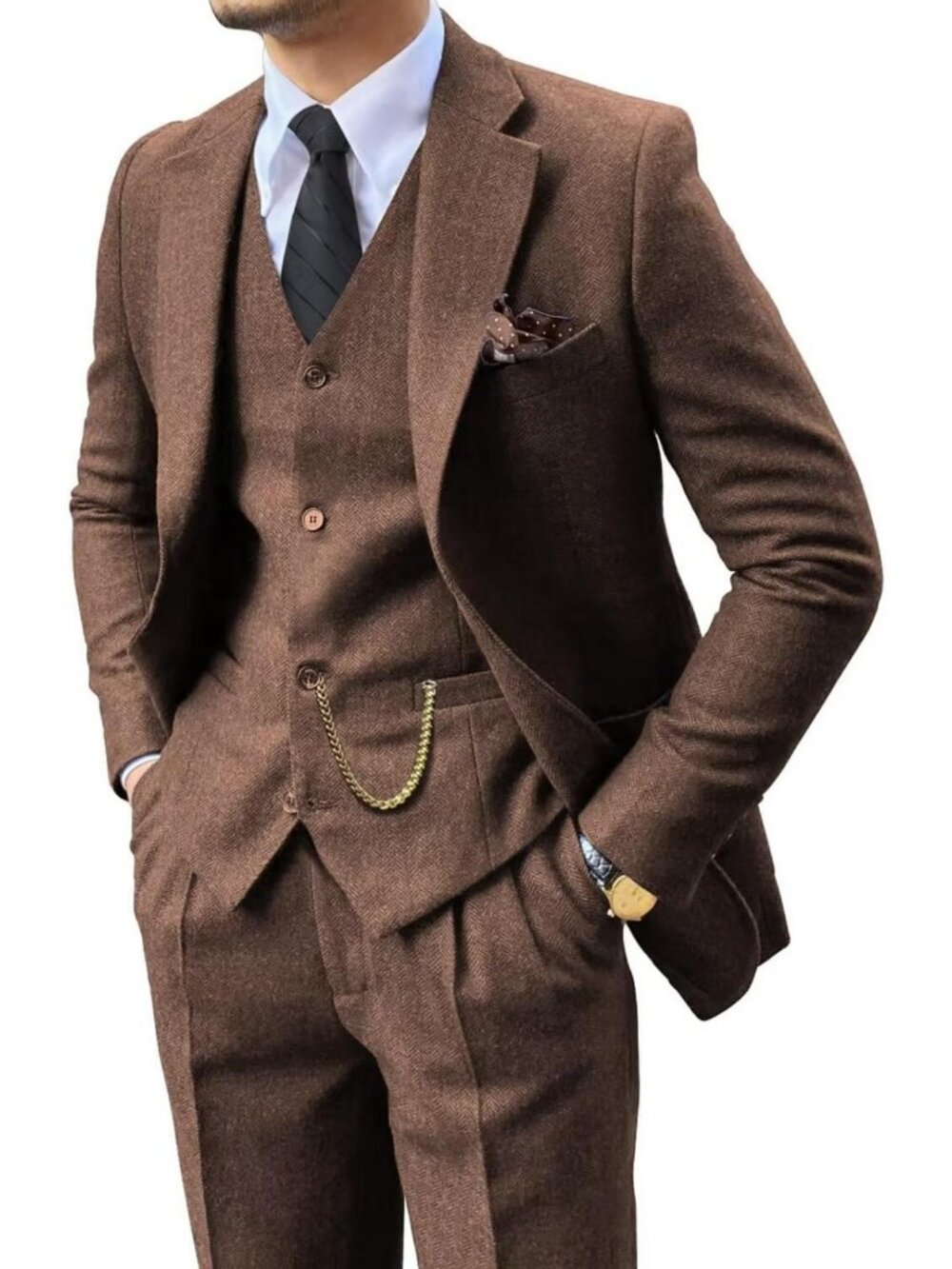 Stylish Retro 3-Piece Tweed Herringbone Suit Set for Men - Slim Fit Jacket, Vest